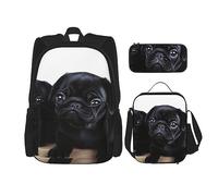 DOFFO Set di 3 zaini con stampa carlino nero, zaino da viaggio per computer portatile per donne e uomini casual con borsa per il pranzo e astuccio per matite, 3 pezzi, nero, taglia unica, Nero ,
