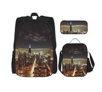 DOFFO Set di 3 zaini con stampa Chicago City, zaino da viaggio per computer portatile per donne e uomini, borsa per libri casual con borsa per il pranzo e astuccio per matite, nero, Taglia unica