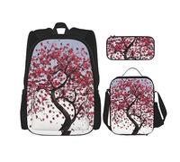 DOFFO Set di 3 zaini con stampa di alberi di ciliegio giapponese, zaino da viaggio per laptop per donne e uomini casual con borsa per il pranzo e astuccio per matite, nero, Taglia unica