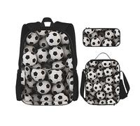DOFFO Set di 3 zaini con stampa di calcio, zaino da viaggio per computer portatile, unisex, casual, con borsa per il pranzo e astuccio per matite, nero, Taglia unica