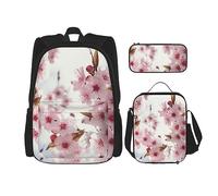 DOFFO Set di 3 zaini con stampa di fiori di ciliegio, zaino da viaggio per computer portatile per donne e uomini casual con borsa per il pranzo e astuccio per matite, nero, Taglia unica