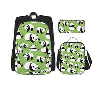 DOFFO Set di 3 zaini con stampa di panda con sfondo verde, zaino da viaggio per laptop per donne e uomini, casual, con borsa per il pranzo, astuccio per matite, 3 pezzi, nero, taglia unica, zaini da