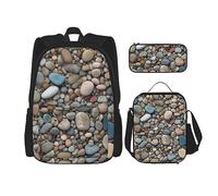 DOFFO Set di 3 zaini con stampa di pietre da spiaggia, zaino da viaggio per computer portatile per donne e uomini, borsa per libri casual con borsa per il pranzo e astuccio per matite, nero, Taglia