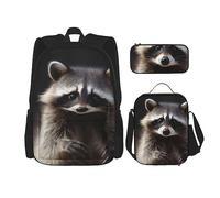 DOFFO Set di 3 zaini con stampa di procioni, zaino da viaggio per computer portatile per donne e uomini, casual, con borsa per il pranzo, astuccio per matite, 3 pezzi, nero, taglia unica, zaini da