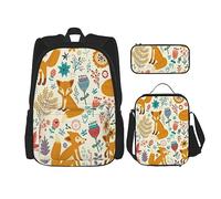 DOFFO Set di 3 zaini con stampa floreale e animali, zaino da viaggio per computer portatile, unisex, casual, con borsa per il pranzo, astuccio per matite, 3 pezzi, nero, taglia unica, Nero , Taglia