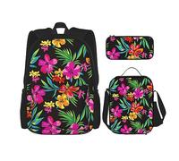 DOFFO Set di 3 zaini con stampa floreale hawaiana, zaino da viaggio per computer portatile, unisex, casual, con borsa per il pranzo e astuccio per matite, nero, Taglia unica, Zaini Daypack