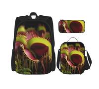 DOFFO Set di 3 zaini con stampa per piante carnivore, zaino da viaggio per laptop da uomo e donna, casual, borsa per il pranzo, astuccio, nero, taglia unica, Nero , taglia unica
