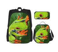DOFFO Set di 3 zaini con stampa rana verde con occhi gialli, zaino da viaggio per computer portatile per donne e uomini, borsa per libri casual con borsa per il pranzo e astuccio per matite, nero,