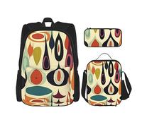 DOFFO Set di 3 zaini da viaggio con stampa a forma di goccia, stile moderno, stile retrò, stile casual, per donne e uomini, con borsa per il pranzo, astuccio per matite, 3 pezzi, nero, taglia unica,
