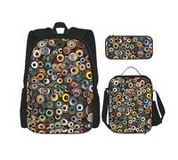 DOFFO Set di 3 zaini da viaggio con stampa di palle di occhio, zaino da viaggio per laptop per donne e uomini, borsa casual con borsa per il pranzo e astuccio per matite, nero, Taglia unica