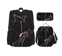 DOFFO Set di 3 zaini da viaggio con stampa marmorizzata e oro rosa, zaino da viaggio per laptop per donne e uomini, casual, con borsa per il pranzo, astuccio per matite, 3 pezzi, nero, taglia unica,