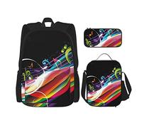 DOFFO Set di zaini colorati con stampa musicale, zaino da viaggio per computer portatile per donne e uomini, borsa per libri casual con borsa per il pranzo, astuccio per matite, 3 pezzi, nero, taglia