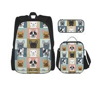 DOFFO Set di zaini con stampa bulldog francese, zaino per laptop da viaggio per donna uomo borsa per libri casual con borsa per il pranzo astuccio 3 pezzi, nero, taglia unica, Nero, One Size