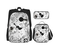 DOFFO Set di zaino con stampa a tema musicale, zaino da viaggio per laptop per donne e uomini, borsa per libri casual con borsa per il pranzo e astuccio per matite, 3 pezzi, nero, taglia unica, Nero ,