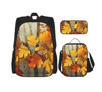 DOFFO Set di zaino con stampa autunnale con foglie dorate, zaino da viaggio per computer portatile per donne e uomini, casual, con borsa per il pranzo, astuccio per matite, 3 pezzi, nero, taglia