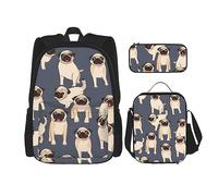 DOFFO Set di zaino con stampa carlino, zaino da viaggio per computer portatile per donne e uomini, casual, con borsa per il pranzo, astuccio per matite, 3 pezzi, nero, taglia unica, Nero , Taglia