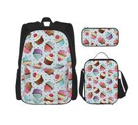 DOFFO Set di zaino con stampa con cupcake, zaino da viaggio per computer portatile per donne e uomini, borsa per il pranzo con astuccio per matite 3 pezzi, nero, taglia unica, zaini da giorno, Nero ,