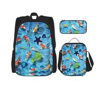 DOFFO Set di zaino con stampa di carpa rossa giapponese, zaino da viaggio per laptop per donne e uomini, borsa casual con borsa per il pranzo, astuccio per matite, 3 pezzi, nero, taglia unica, Nero ,