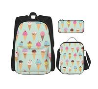 DOFFO Set di zaino con stampa di coni gelato, zaino da viaggio per computer portatile per donne e uomini, borsa per libri casual con borsa per il pranzo e astuccio per matite, 3 pezzi, nero, Taglia