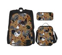 DOFFO Set di zaino con stampa di gallo e pollo, zaino da viaggio per computer portatile per donne e uomini, borsa casual con borsa per il pranzo, astuccio per matite, 3 pezzi, nero, taglia unica, Nero