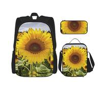 DOFFO Set di zaino con stampa di girasoli in fiore, zaino da viaggio per laptop per donne e uomini, borsa casual con borsa per il pranzo e astuccio per matite, 3 pezzi, nero, taglia unica, Nero ,