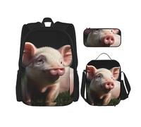 DOFFO Set di zaino con stampa di maialino, zaino da viaggio per computer portatile per donne e uomini, casual, con borsa per il pranzo, astuccio per matite, 3 pezzi, nero, taglia unica, Nero , Taglia