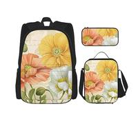 DOFFO Set di zaino con stampa di papaveri pastello, zaino da viaggio per computer portatile per donne e uomini casual con borsa per il pranzo astuccio per matite 3 pezzi, nero, taglia unica, zaini da