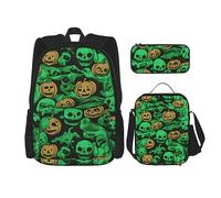 DOFFO Set di zaino con stampa di zucca di Halloween con fantasma verde, zaino da viaggio per laptop per donne e uomini, borsa casual con borsa per il pranzo e astuccio per matite, 3 pezzi, nero,