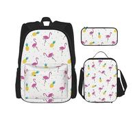 DOFFO Set di zaino con stampa fenicottero e ananas, zaino da viaggio per laptop per donne e uomini, borsa casual con borsa per il pranzo, astuccio per matite, 3 pezzi, nero, taglia unica, zaini da