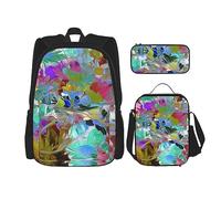 DOFFO Set di zaino con stampa floreale colorata, zaino da viaggio per computer portatile per donne e uomini, borsa per libri casual con borsa per il pranzo, astuccio per matite, 3 pezzi, nero, taglia