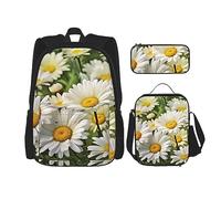 DOFFO Set di zaino con stampa floreale e margherite, zaino da viaggio per computer portatile, per donne e uomini, casual, con borsa per il pranzo, astuccio per matite, 3 pezzi, nero, taglia unica,