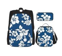 DOFFO Set di zaino con stampa floreale hawaiana, zaino da viaggio per computer portatile, per donne e uomini, casual, con borsa per il pranzo, astuccio per matite, 3 pezzi, nero, taglia unica, Nero ,