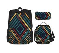 DOFFO Set di zaino con stampa geometrica astratta a righe, zaino da viaggio per computer portatile per donne e uomini, casual, con borsa per il pranzo, astuccio per matite, 3 pezzi, nero, taglia