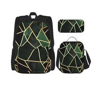 DOFFO Set di zaino con stampa geometrica nera e oro, zaino da viaggio per laptop per donne e uomini, borsa casual con borsa per il pranzo e astuccio per matite, 3 pezzi, nero, taglia unica, Nero ,