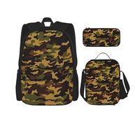 DOFFO Set di zaino con stampa mimetica, zaino da viaggio per computer portatile, per donne e uomini, casual, con borsa per il pranzo, astuccio per matite, 3 pezzi, nero, taglia unica, Nero , Taglia