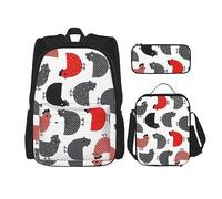 DOFFO Set di zaino creativo con stampa di polli, zaino da viaggio per computer portatile per donne e uomini, casual, con borsa per il pranzo, astuccio per matite, 3 pezzi, nero, taglia unica, Nero ,