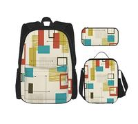 DOFFO Set di zaino da viaggio con stampa moderna di metà secolo, zaino da viaggio per laptop per donne e uomini, borsa casual con borsa per il pranzo e astuccio per matite, 3 pezzi, nero, taglia