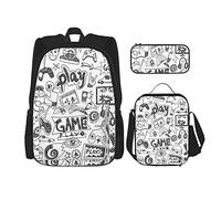 DOFFO Set di zaino monocromatico con stampa da gioco, zaino da viaggio per computer portatile, per donne e uomini, casual, con borsa per il pranzo, astuccio per matite, 3 pezzi, nero, taglia unica,