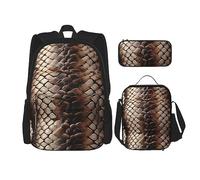 DOFFO Set zaino classico con stampa pelle di serpente, zaino da viaggio per computer portatile per donne e uomini, borsa per libri casual con borsa per il pranzo, astuccio per matite, 3 pezzi, nero,