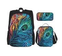 DOFFO Set zaino colorato con stampa di pavone, zaino da viaggio per computer portatile per donne e uomini, borsa per libri casual con borsa per il pranzo e astuccio per matite, 3 pezzi, nero, taglia