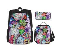 DOFFO Set zaino colorato con stampa grassa, zaino da viaggio per computer portatile per donne e uomini, borsa casual con borsa per il pranzo e astuccio per matite, 3 pezzi, nero, taglia unica, Nero ,