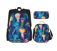 DOFFO Set zaino colorato con stampa medusa, zaino da viaggio per computer portatile per donne e uomini, borsa casual con borsa per il pranzo, astuccio per matite, 3 pezzi, nero, taglia unica, Nero ,