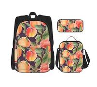 DOFFO Set zaino colorato con stampa pesca, zaino da viaggio per computer portatile per donne e uomini, borsa per libri casual con borsa per il pranzo e astuccio per matite, 3 pezzi, nero, taglia