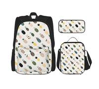 DOFFO Set zaino con stampa ananas, zaino da viaggio per computer portatile per donne e uomini, borsa per libri casual con borsa per il pranzo e astuccio per matite, 3 pezzi, nero, Taglia unica