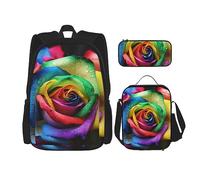 DOFFO Set zaino con stampa arcobaleno rosa, zaino da viaggio per computer portatile per donne e uomini, borsa per libri casual con borsa per il pranzo e astuccio per matite, 3 pezzi, nero, taglia