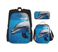 DOFFO Set zaino con stampa delfino, zaino da viaggio per computer portatile per donne e uomini, borsa per libri casual con borsa per il pranzo e astuccio per matite, 3 pezzi, nero, Taglia unica