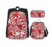 DOFFO Set zaino con stampa di bastoncini di zucchero, zaino da viaggio per computer portatile per donne e uomini, borsa per libri casual con borsa per il pranzo e astuccio per matite, 3 pezzi, nero,