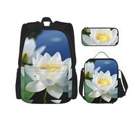 DOFFO Set zaino con stampa di fiori di loto bianco, zaino da viaggio per computer portatile per donne e uomini, borsa per libri casual con borsa per il pranzo e astuccio per matite, 3 pezzi, nero,
