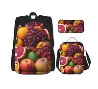 DOFFO Set zaino con stampa di frutta, zaino da viaggio per computer portatile, per donne e uomini, casual, con borsa per il pranzo e astuccio per matite, 3 pezzi, nero, Taglia unica