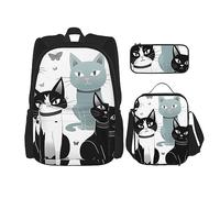 DOFFO Set zaino con stampa di gatti bianchi e neri, zaino da viaggio per computer portatile per donne e uomini, borsa per libri casual con borsa per il pranzo e astuccio per matite, 3 pezzi, nero,